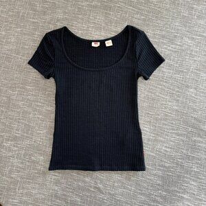 NWOT Levi's Bodega Open Neck Stretch Ribbed Short Sleeve Shirt, Black, Size XS